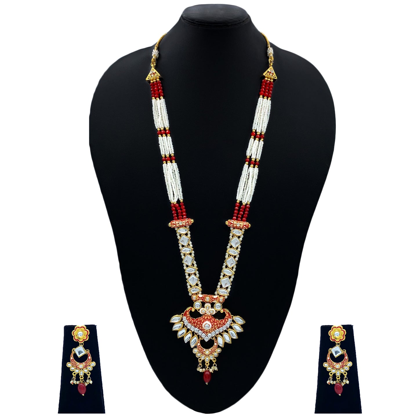 Sujwel Gold Kundan Meenakari Long  Necklace And Earrings (08-0536)