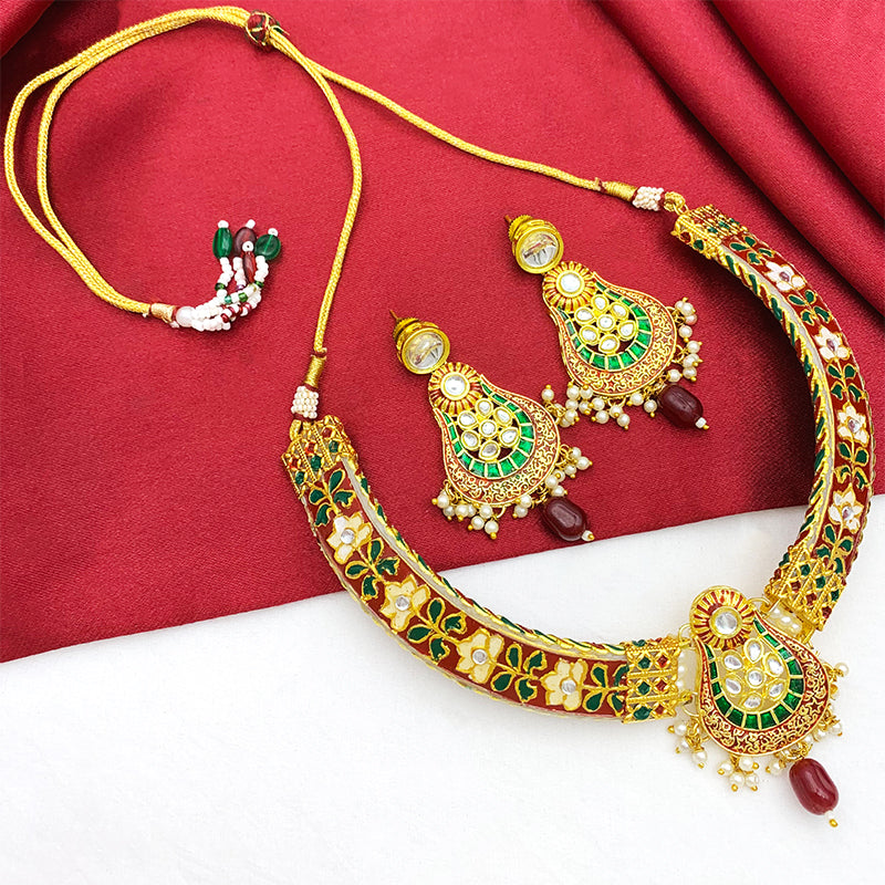 New Sujwel Imitation Hathi Dant Gold Necklace Set (08-0472)