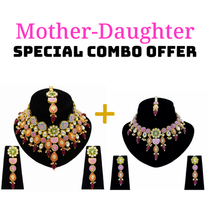 Mother-Daughter Kundan Meenakari Necklace Combo Set (08-0554)