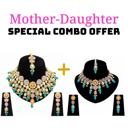 Mother-Daughter Kundan Meenakari Necklace Combo Set (08-0554)