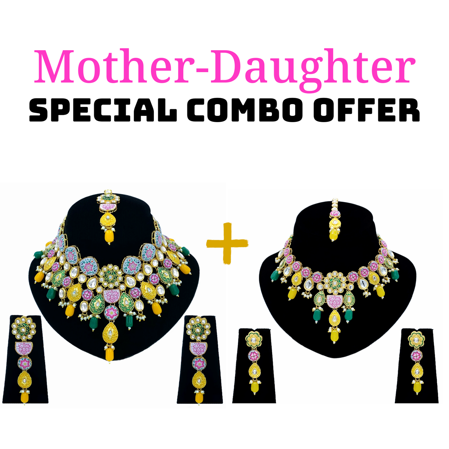 Mother-Daughter Kundan Meenakari Necklace Combo Set (08-0554)