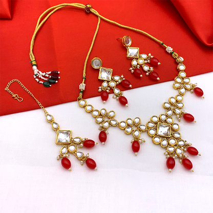 Sujwel Gold Kundan Necklace And Earrings With Maangtikka (08-0501)