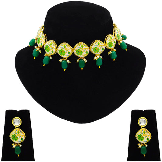 Sujwel Painting with Floral Design Chokar Necklace Set (08-0432)