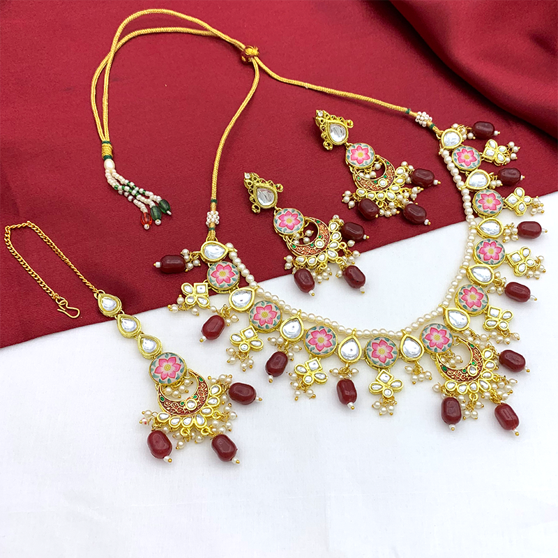 Sujwel Kundan and Meenakari with Floral Design Chokar Necklace Set (08-0285)