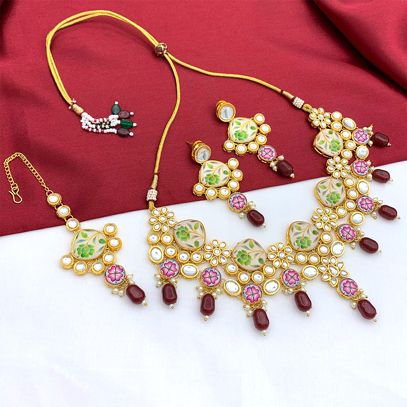 Sujwel Kundan and Painting with Floral Design Chokar Necklace Set (08-0292)