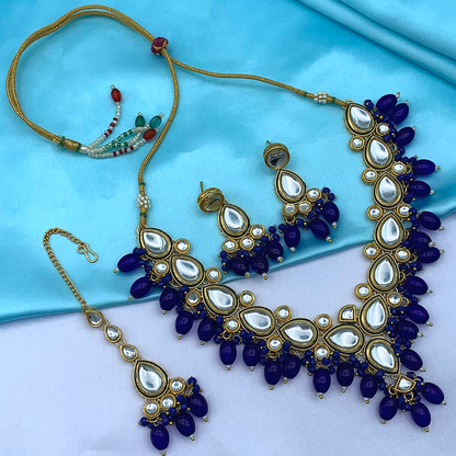 Sujwel Gold-Plated Kundan Necklace Set with Earrings, and Tikka for Girls and Women  (08-0532)