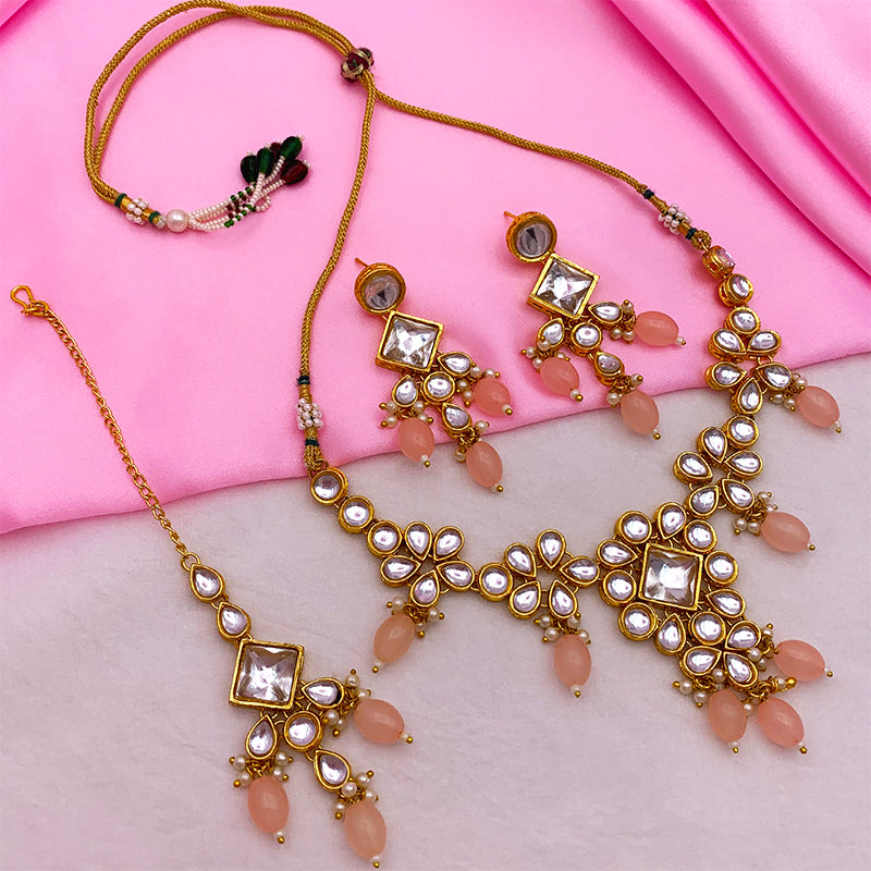 Sujwel Gold Kundan Necklace And Earrings With Maangtikka (08-0501)