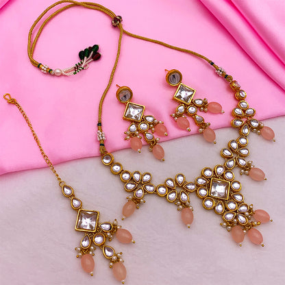 Sujwel Gold Kundan Necklace And Earrings With Maangtikka (08-0501)