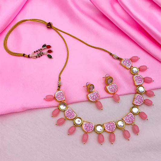 Sujwel Kundan and Painting with Floral Design Chokar Necklace Set (08-0428)