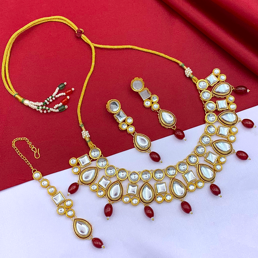 Sujwel Gold-Plated Kundan Necklace Set with Earrings, and Tikka for Girls and Women (08-0537)