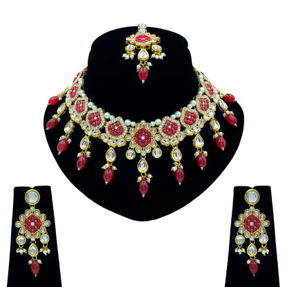 Sujwel Gold-Plated Kundan Necklace Set with Earrings, and Tikka for Girls and Women (08-0528)