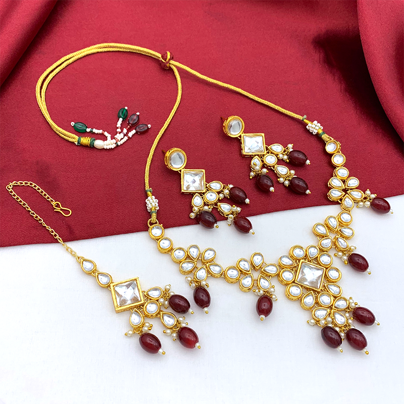 Sujwel Gold Kundan Necklace And Earrings With Maangtikka (08-0501)