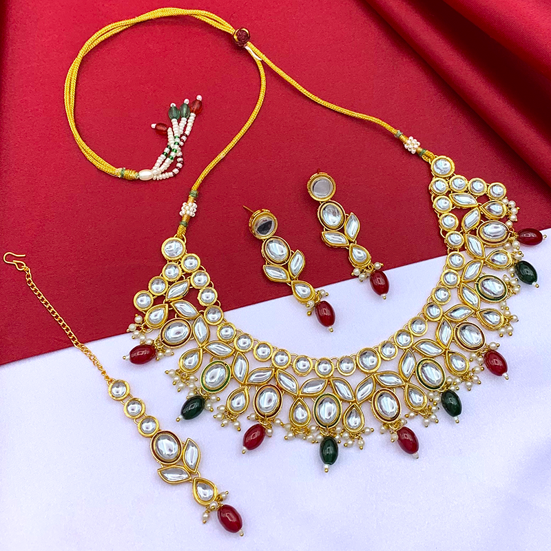 Sujwel Gold-Plated Kundan Necklace Set with Earrings, and Tikka for Girls and Women  (08-0533)