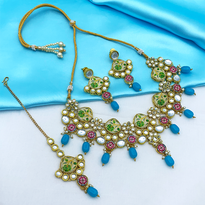 Sujwel Kundan and Painting with Floral Design Chokar Necklace Set (08-0292)