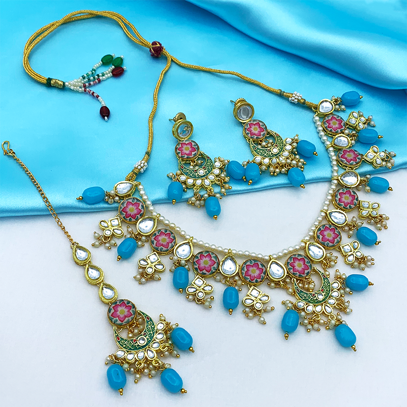 Sujwel Kundan and Meenakari with Floral Design Chokar Necklace Set (08-0285)