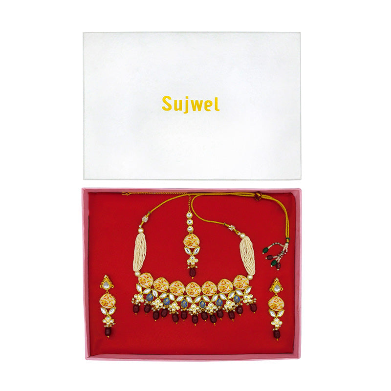 Sujwel Kundan and Painting with Floral Design Chokar Necklace Set (08-0281)