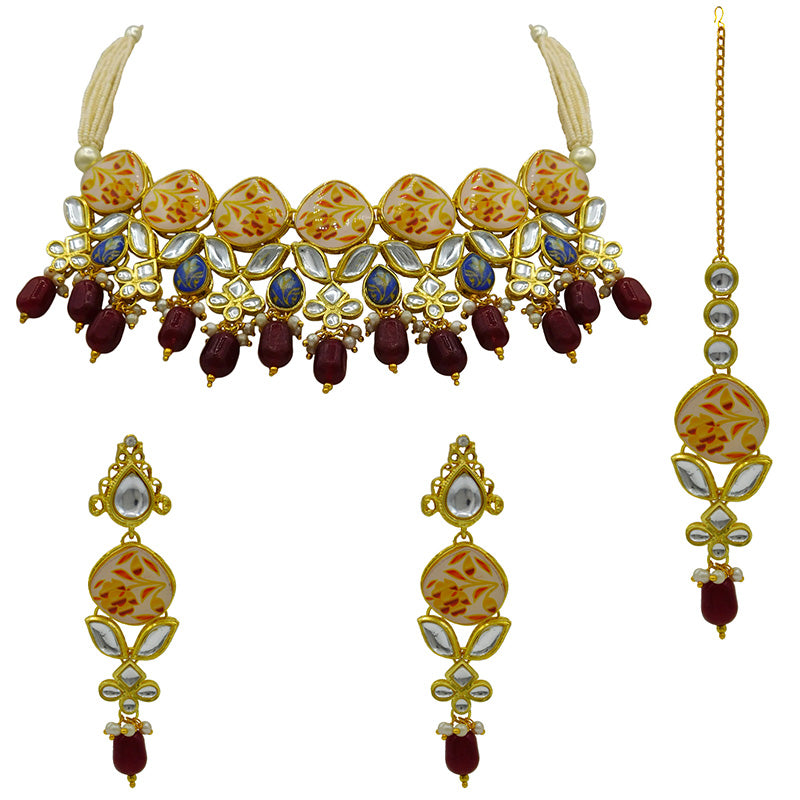 Sujwel Kundan and Painting with Floral Design Chokar Necklace Set (08-0281)