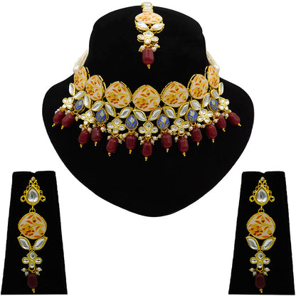 Sujwel Kundan and Painting with Floral Design Chokar Necklace Set (08-0281)