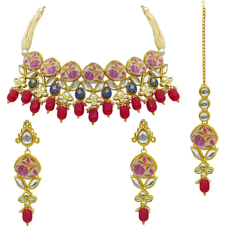 Sujwel Kundan and Painting with Floral Design Chokar Necklace Set (08-0281)