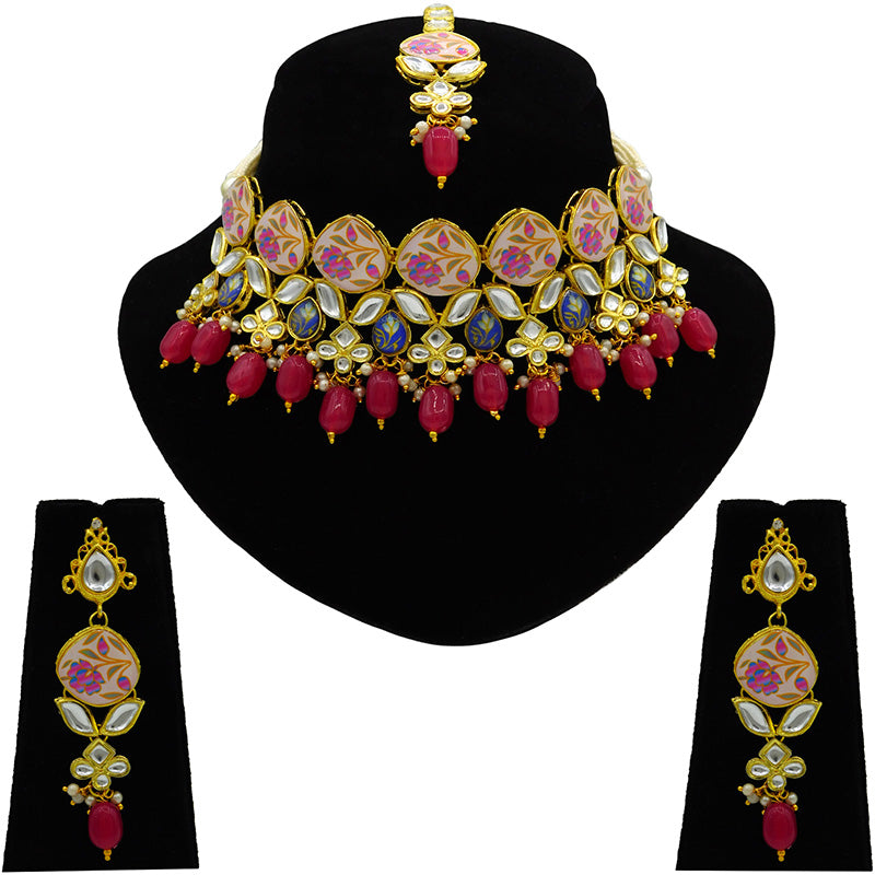 Sujwel Kundan and Painting with Floral Design Chokar Necklace Set (08-0281)