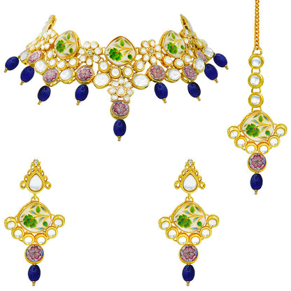 Sujwel Kundan and Painting with Floral Design Chokar Necklace Set (08-0292)