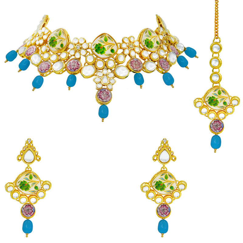 Sujwel Kundan and Painting with Floral Design Chokar Necklace Set (08-0292)