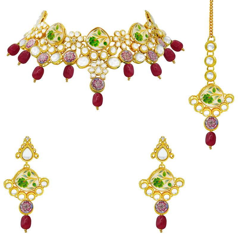 Sujwel Kundan and Painting with Floral Design Chokar Necklace Set (08-0292)