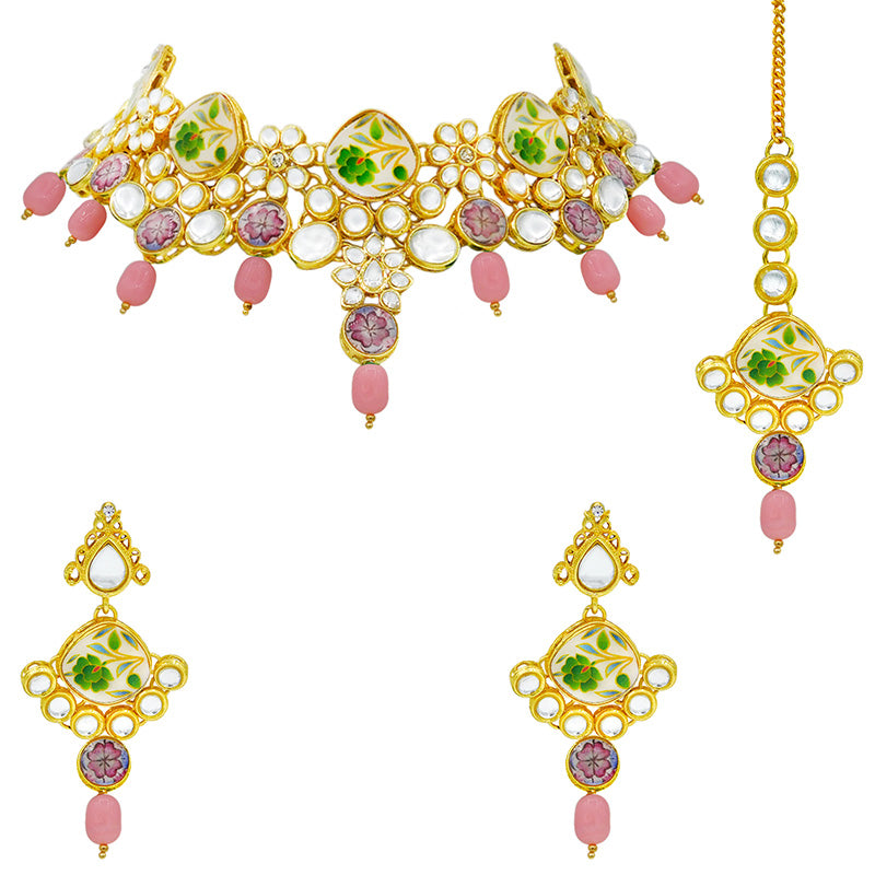 Sujwel Kundan and Painting with Floral Design Chokar Necklace Set (08-0292)