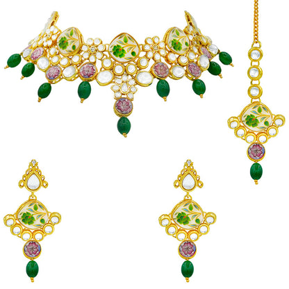 Sujwel Kundan and Painting with Floral Design Chokar Necklace Set (08-0292)