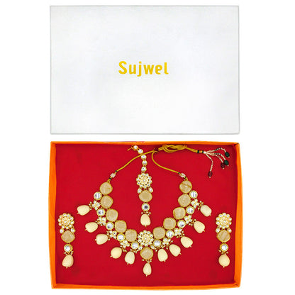 Sujwel Gold Plated Kundan Design Choker Necklace Set For Women (08-0441)