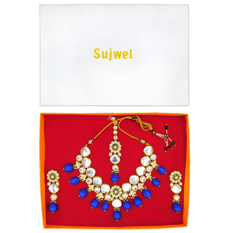 Sujwel Gold Plated Kundan Design Choker Necklace Set For Women (08-0441)