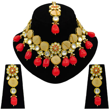 Sujwel Gold Plated Kundan Design Choker Necklace Set For Women (08-0441)