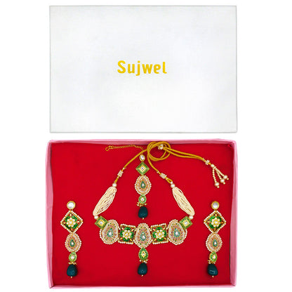 Sujwel Gold Plated Kundan Meenakari Choker Necklace Set for woman (08-0451)