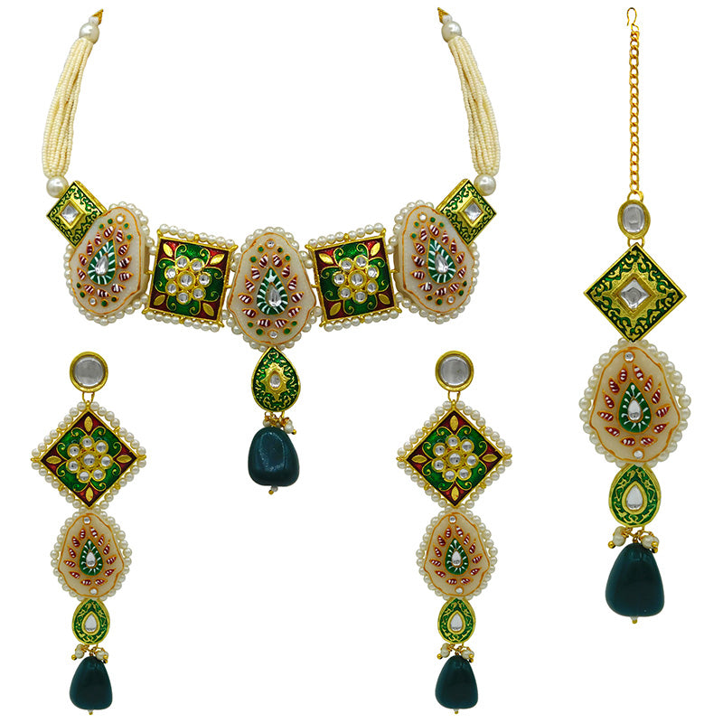 Sujwel Gold Plated Kundan Meenakari Choker Necklace Set for woman (08-0451)