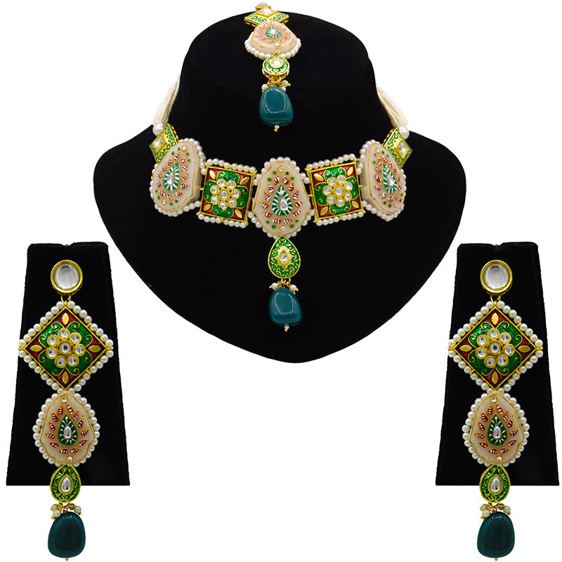 Sujwel Gold Plated Kundan Meenakari Choker Necklace Set for woman (08-0451)