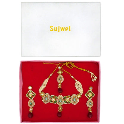 Sujwel Gold Plated Kundan Meenakari Choker Necklace Set for woman (08-0451)