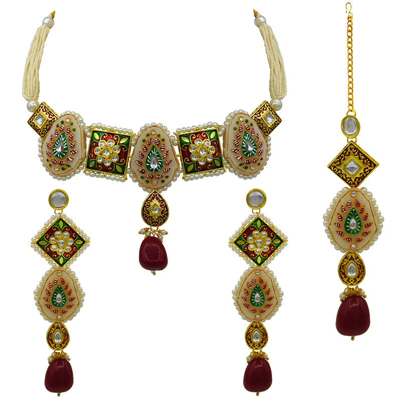 Sujwel Gold Plated Kundan Meenakari Choker Necklace Set for woman (08-0451)