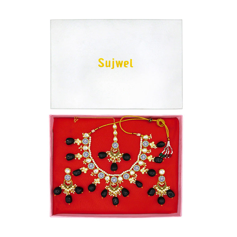 Sujwel Kundan and Meenakari with Floral Chokar Necklace Set (08-0453)