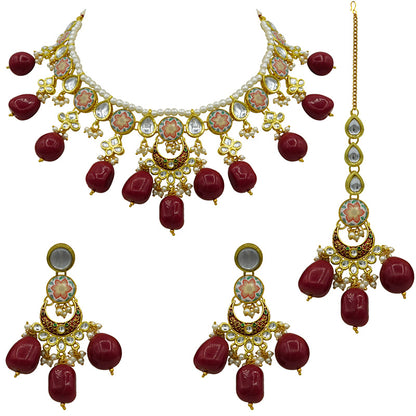 Sujwel Kundan and Meenakari with Floral Chokar Necklace Set (08-0453)