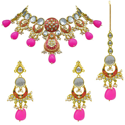 Sujwel Gold Toned Kundan Lamination Floral Design Necklace Set (08-0456)