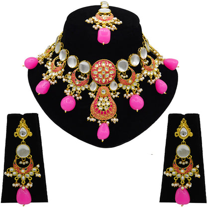 Sujwel Gold Toned Kundan Lamination Floral Design Necklace Set (08-0456)