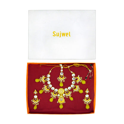 Sujwel Gold Toned Kundan Lamination Floral Design Necklace Set (08-0456)