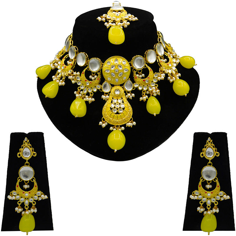 Sujwel Gold Toned Kundan Lamination Floral Design Necklace Set (08-0456)