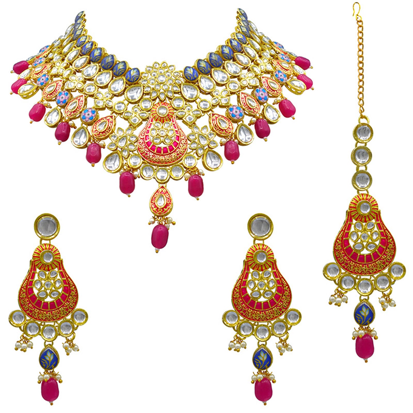 Sujwel Gold Plated Kundan Floral Design Choker Necklace Set (08-0458)