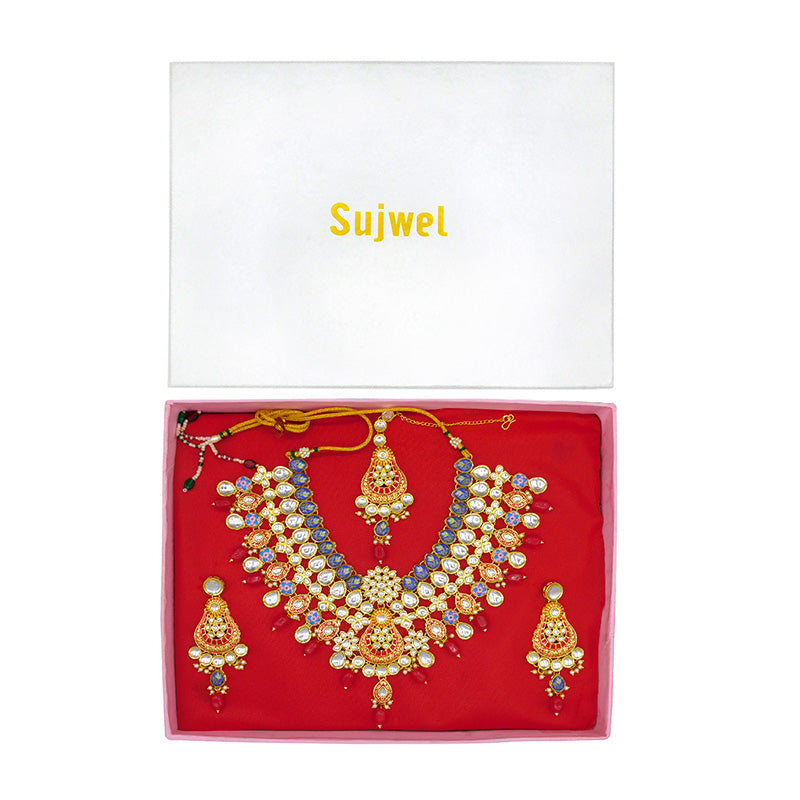 Sujwel Gold Plated Kundan Floral Design Choker Necklace Set (08-0458)