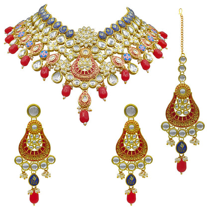 Sujwel Gold Plated Kundan Floral Design Choker Necklace Set (08-0458)