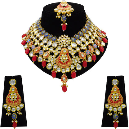 Sujwel Gold Plated Kundan Floral Design Choker Necklace Set (08-0458)