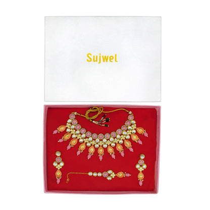 Sujwel Gold Plated Kundan Floral Design Choker Necklace Set (08-0459)