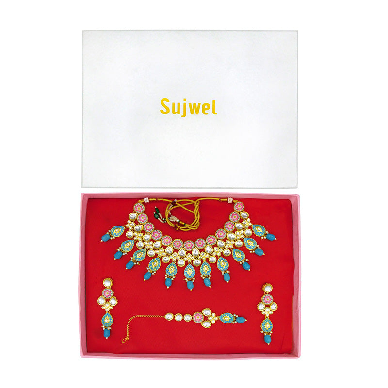 Sujwel Gold Plated Kundan Floral Design Choker Necklace Set (08-0459)