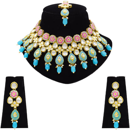 Sujwel Gold Plated Kundan Floral Design Choker Necklace Set (08-0459)